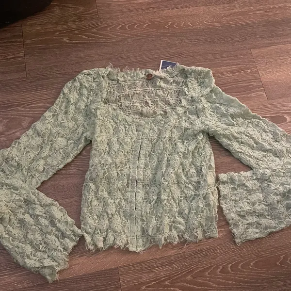 NWT Free People One Madison Top Smocked Lace Sheer Hook-Front Bell Sleeve Medium - Image 6