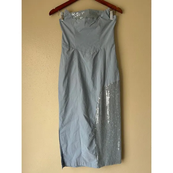 Anthropologie Light Blue Grey Strapless Midi Dress Size 8 - Image 7