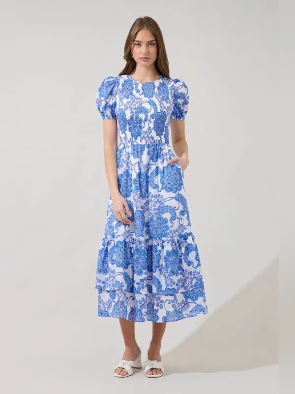 Blue White Floral Puff Sleeve Smocked Midi Dress Pockets Cotton Cottagecore NEW - Image 2