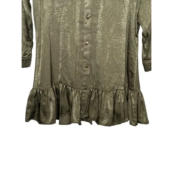 Zara Womens Dress Shirt Mini Collared Long Sleeve Satin Ruffled Hem Green XS NWT - Image 4