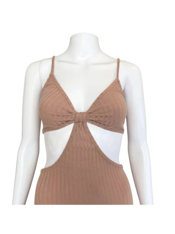Kikiriki Vacay Ribbed Cut Out BodyCon MaxiDress Caramel Brown Size Small NWT - Image 5