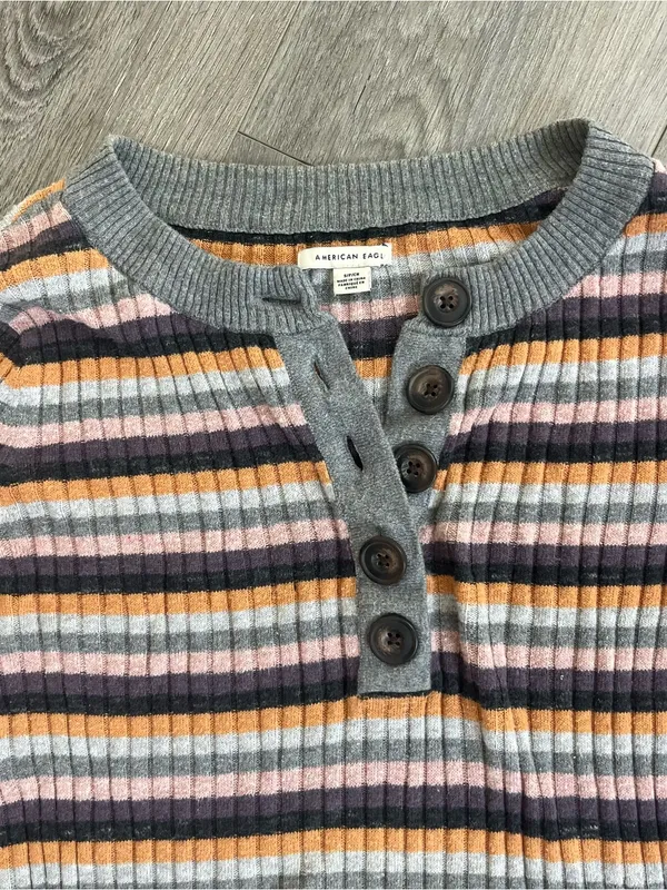 American Eagle Ribbed Striped Henley Sweater Small Gray Pink Orange Long Sleeve - Image 3