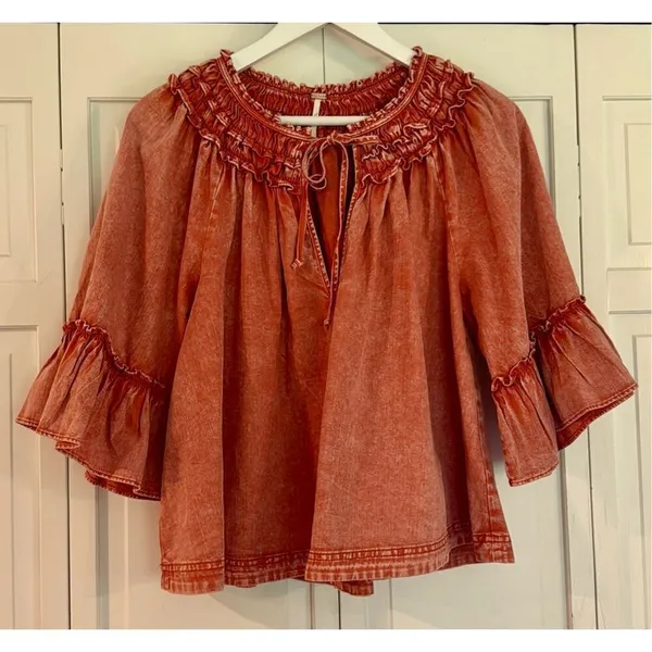 Free people orange mineral wash Ainsley ruffle blouse small - Image 4