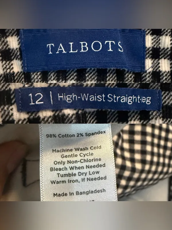 Talbots Womens Pants Black White Plaid Corduroy High Waist Straight Leg Size 12 - Image 10