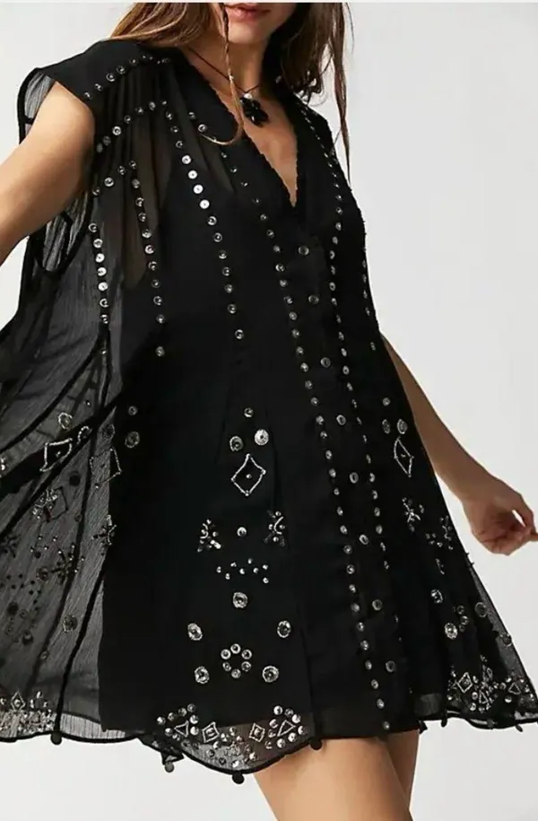 Free People Aston Black Studded Button-Front Sheer Tunic Dress Size Medium. A1 - Image 2