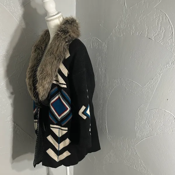 Steel Roses Aztec Cardigan | Faux Fur Collar | Boho Western . - Image 6