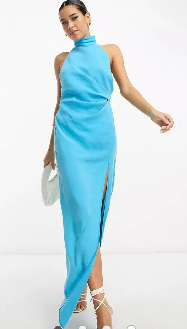 ASOS NWT DESIGN washed halterneck maxi dress with twist strap back detail in turquoise - Image 2