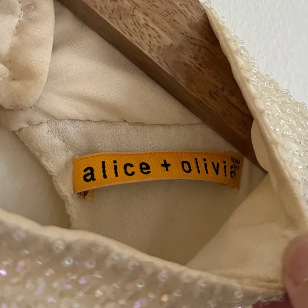 Alice + Olivia Sequin Beaded Mini Dress Size Medium Cream neutral party - Image 3