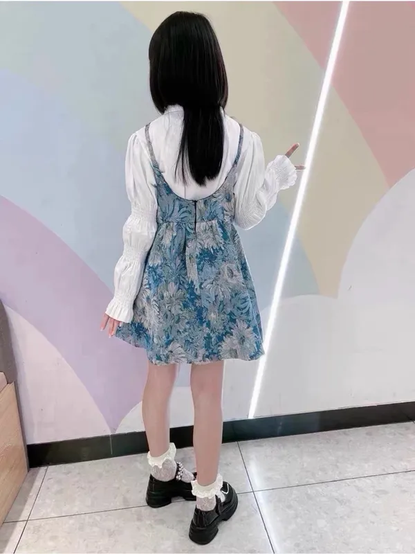 Girls Blue Floral Party Dress with Pearl Straps - Image 4