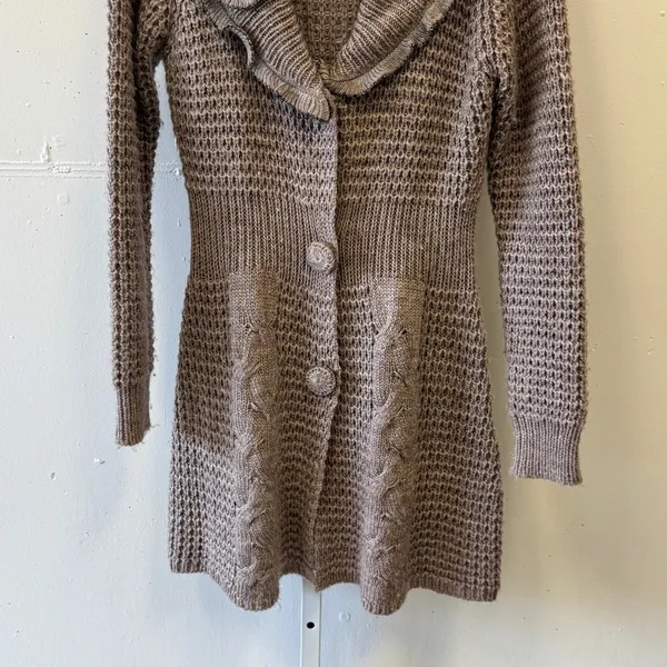 Sioni Taupe Ruffle Long Cardigan Sweater Mauve Knit Medium 90s Knee Length‎ - Image 5