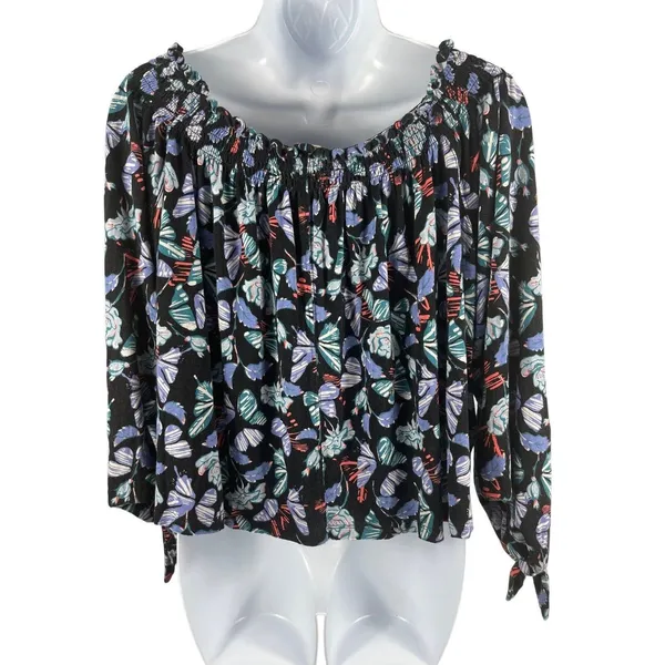 Free People Black Butterfly Novelty Long Sleeve On Or Off Shoulder Top S - Image 2