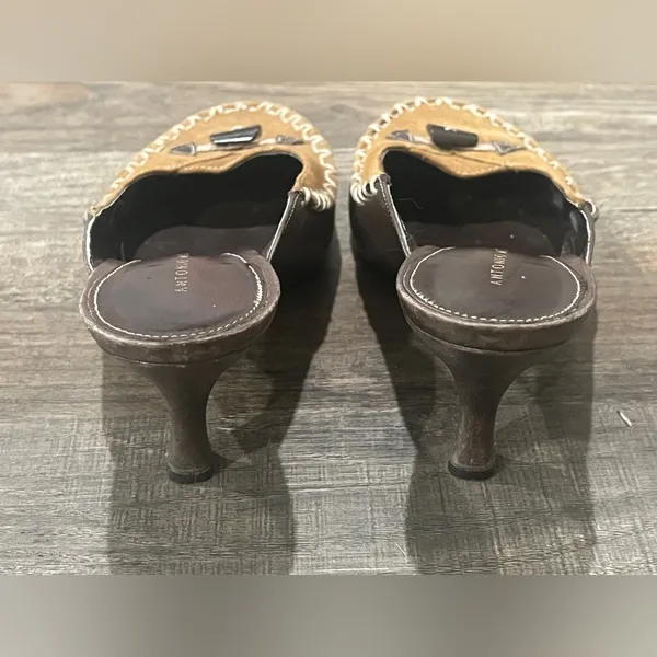 Antonio Melani Heels Kitten Suede & Leather Moccasin Style Brown - Image 3