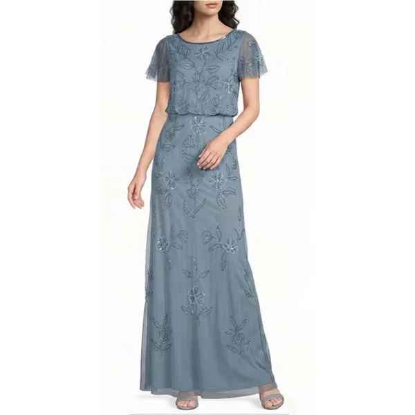 Adrianna Papell Boat Neck Short Flutter Sleeve Beaded Blouson Long Dress Size‎ 4 - Image 2