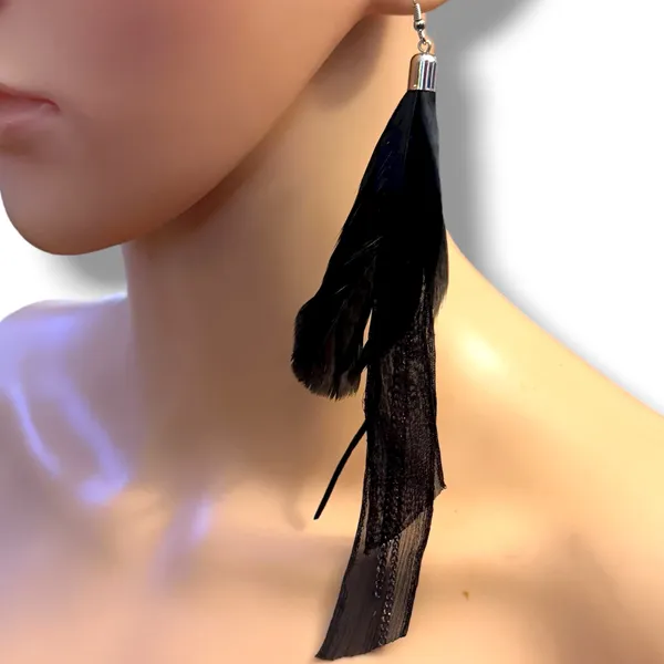 Long black feather, ribbon and chains dangle earrings - Image 2