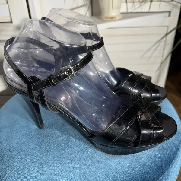 Stuart Weitzman Black Patent Leather Heels straps buckle closure platform Sz 10 - Image 6