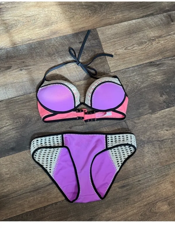 Victoria's Secret Purple Bikini Set with Black & Coral Accents - Image 10