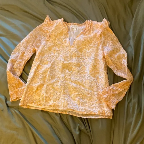 J.Crew Yellow Floral Long Sleeve V-Neck Ruffle Blouse Top small - Image 3
