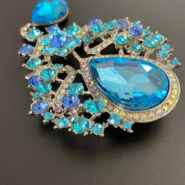 Large Royal Blue & Aqua Rhinestone Statement Brooch Pin Dangle Teardrop - Image 3