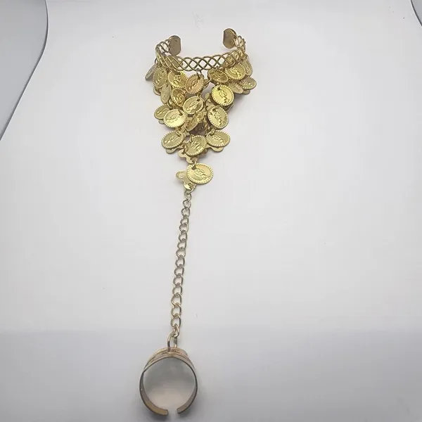 Belly Dancer Gold Tone Coin Cuff Bracelet & Attached Ring - Image 2