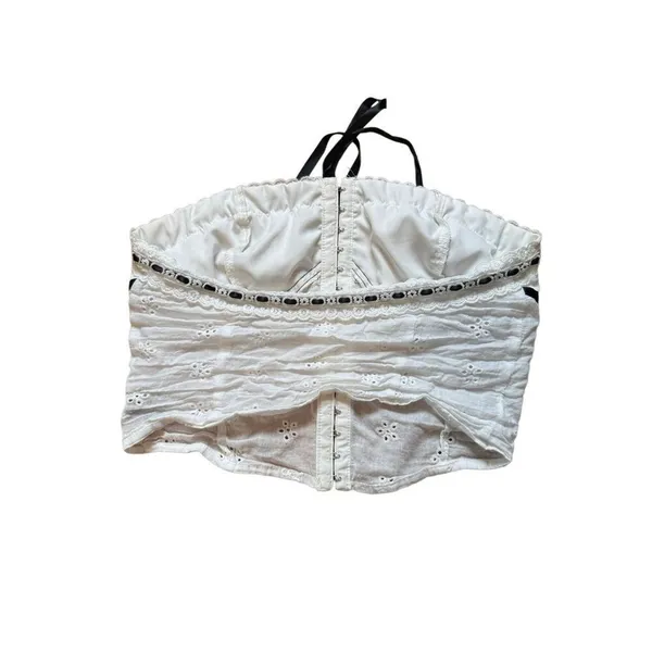 SheIn White Eyelet Black ribbon corset crop top small - Image 5