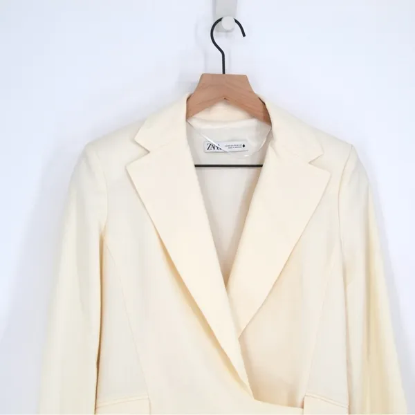 Zara Collared Plunge Blazer Dress Stretch Wool Blend in Cream Ivory Women's XS - Image 4