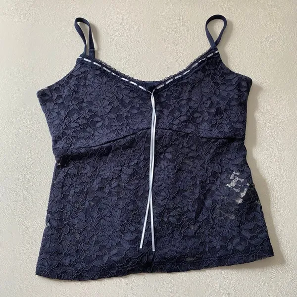 NWT Hollister Navy Floral Lace Cami Top Size L Coquette Y2K Babydoll - Image 2