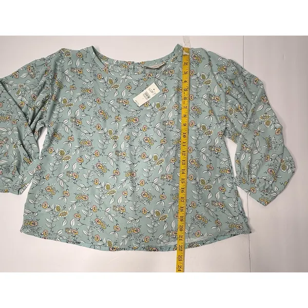 Loft Aqua Floral Print Mixed Media Blouse‎ Women Small Pleated Back Career Party - Image 5