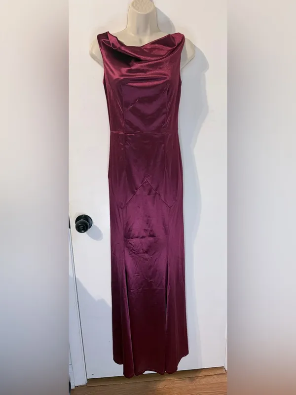MUXXN S Burgundy Satin Cowl Neck Formal Gown V Back Maxi Dress - Image 2