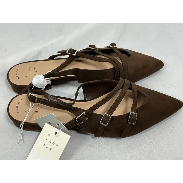 Womans New A New Day Twiggy Strappy Sling back Flats Size 6 Brown Pointed Toe - Image 2