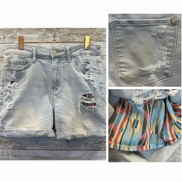 Judy‎ Blue Womens M Shorts Aztec Pockets Peek Patches Cuffed High Rise JB150137 - Image 2