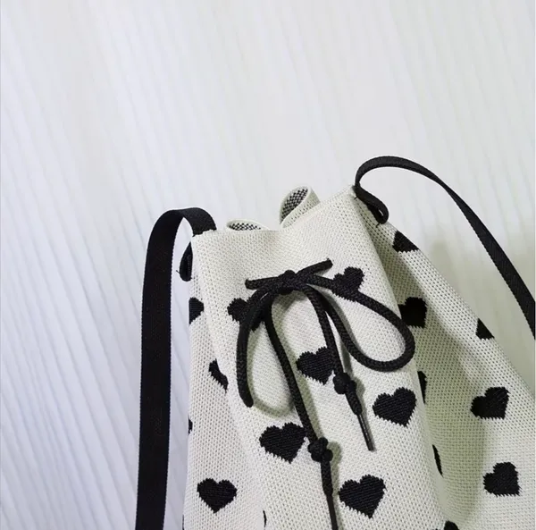 Knit Heart Pattern Drawstring Bucket Crossbody Bag 🖤✨ White - Image 6