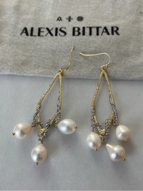 NWOT Alexis Bittar Gold Tone Crystal & White Pearl Drop Earrings - Image 6