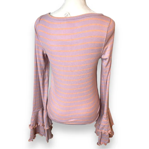 Free People We The Free Bell Sleeve Striped Pink Scoop Neck Top Small - Image 5