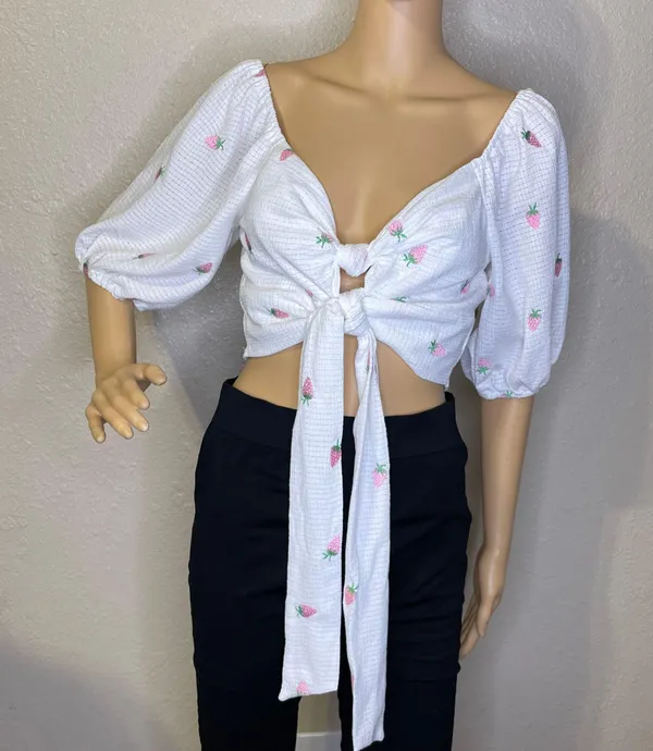 Strawberry Printed 5/8 Sleeve Waist Tie Crop Top White Pink Large - Image 2
