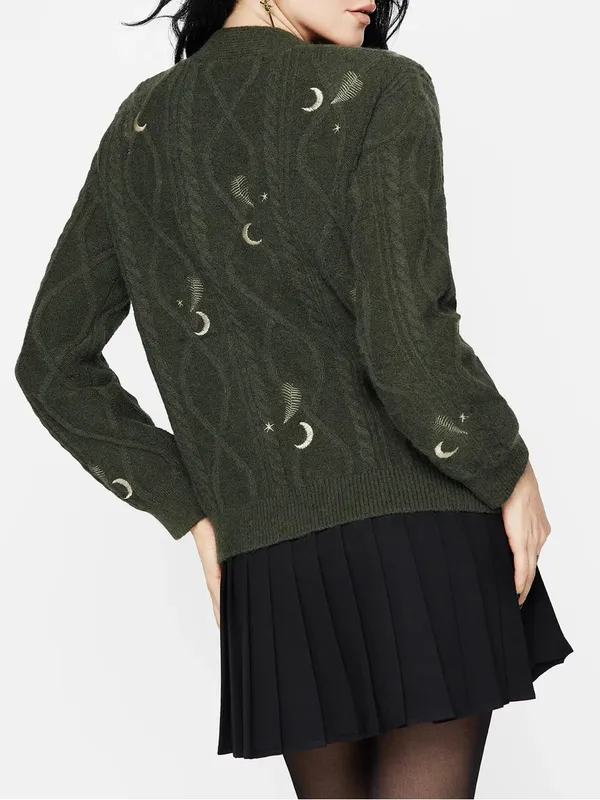 Disturbia Dianne Embroidered Cable Knit Cardigan Moon Star Fern Olive Green Knit - Image 3