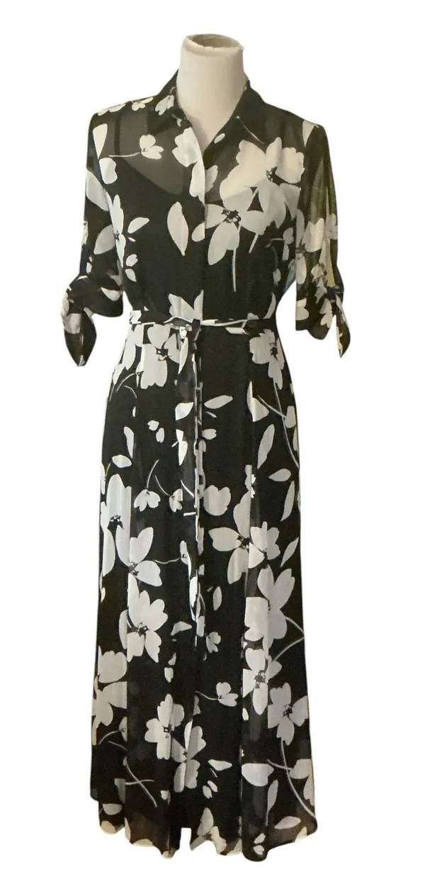 Calvin Klein Black & White Floral Sheer Shirt Dress Maxi w/ Slip & Belt - Image 2