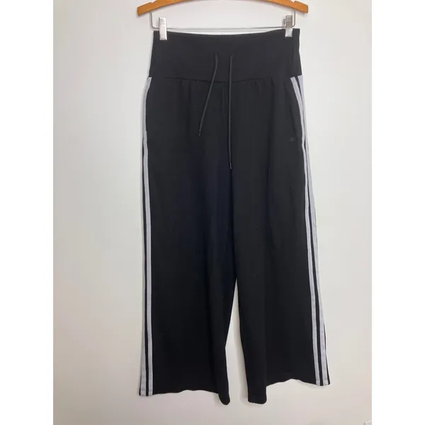 Halara Wide Leg Pants Women M Petite Black Excellent Side Stripe Ribbed Rib Knit - Image 2
