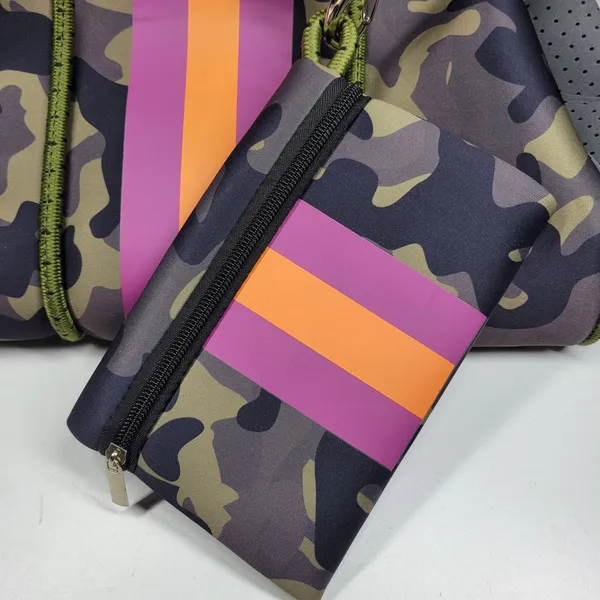 Haute Shore Camo Neoprene Tote Bag Pink Orange Stripe w/ Cosmetic Bag Gym Beach - Image 6