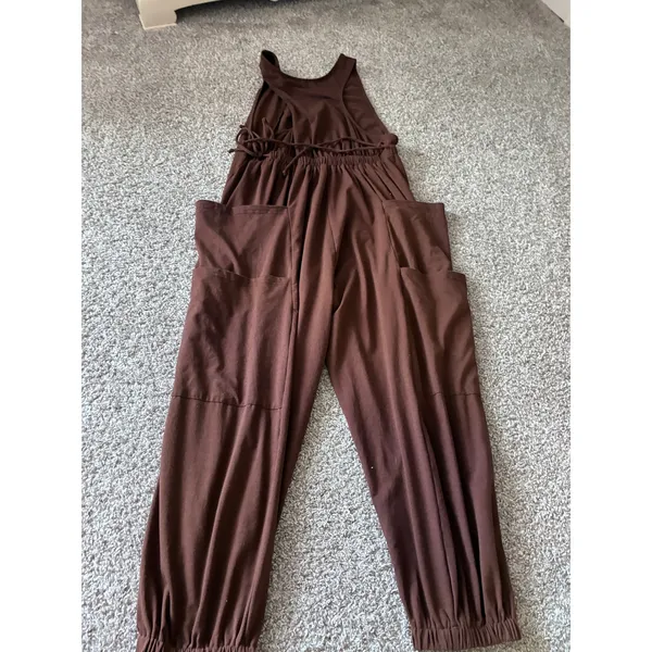 Anrabess Brown Sleeveless Cargo Pocket Jumpsuit XL Cross Back Jogger Hem Romper - Image 5