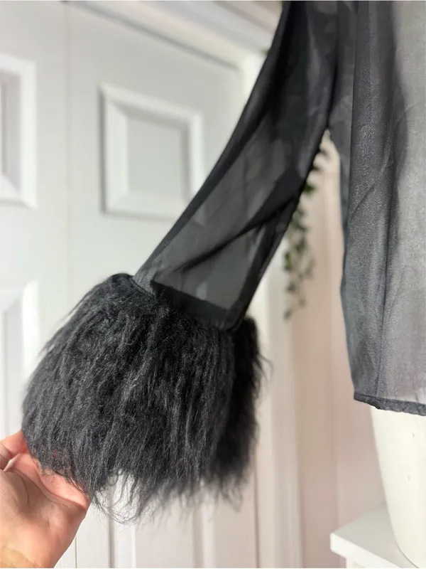 Shein Black Sheer Mesh Faux Fur Cuff Long Sleeve Blouse Keyhole Back Size XL 12 - Image 3