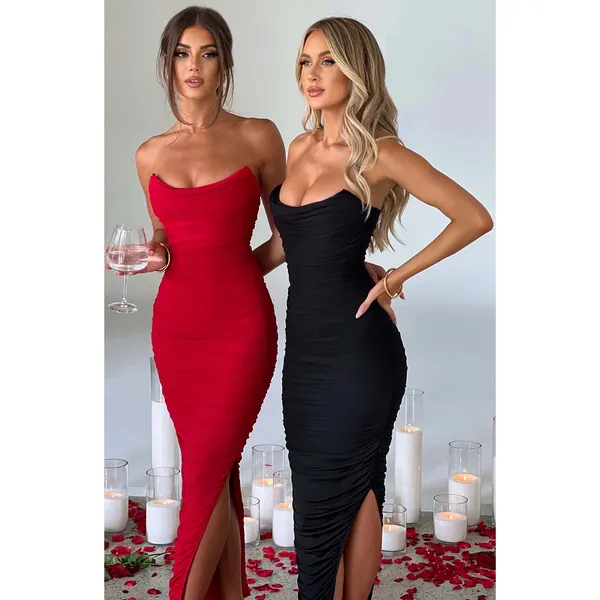 NWT Babyboo Demi Red Ruched High Side Slit Strapless Bodycon Maxi Dress Size M - Image 4