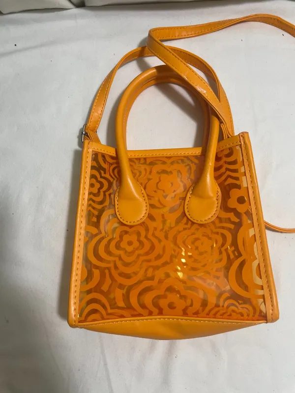 Orange Clear Floral PVC Mini Crossbody Satchel Tote Bag Transparent Top Handle - Image 5