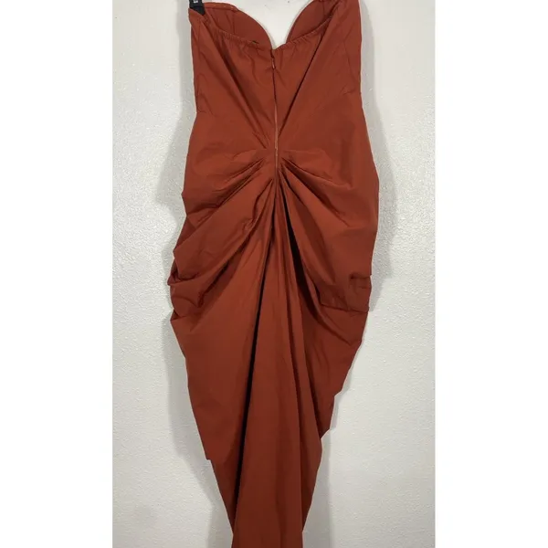 PRETTYLITTLETHING Rust Satin Strapless Ruched Side Slit Midi Dress Size 6 - Image 11