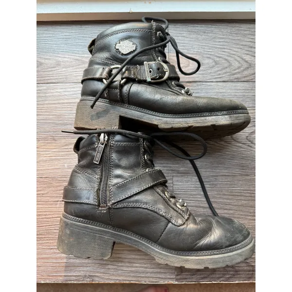 Harley Davidson Womens Black Leather Moto Combat Boots Side Zip Buckle Lug Sole - Image 9