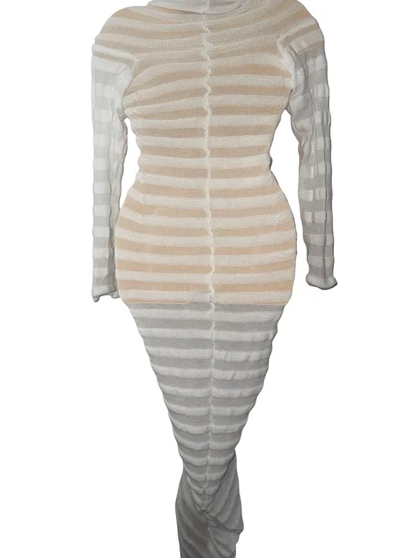 Elegant White Long-Sleeve Ribbed Sheath Dress / cover up - Image 3