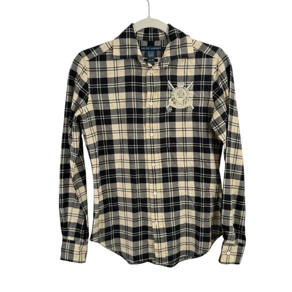 Ralph Lauren Plaid Button Front Shirt Crest Cotton Wool Preppy Academia Womens 4 - Image 2