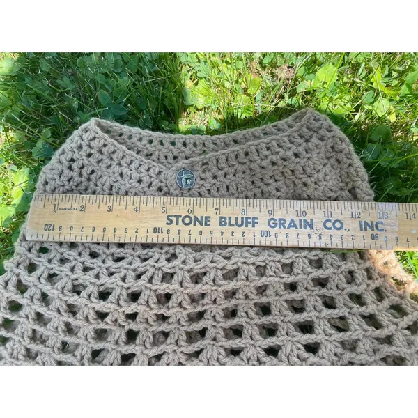 Handmade Vintage Crochet Poncho Tan Camel Fringe‎ Boho Festival One Size - Image 2