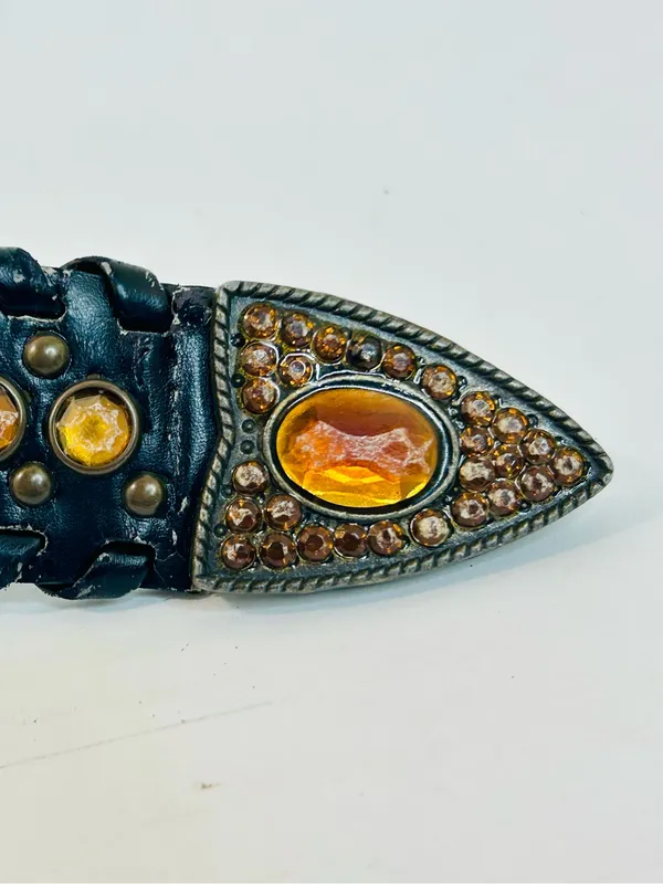 Western Rhinestone Whipstitch Belt with Orange Stones and Black Faux Leather - Image 7