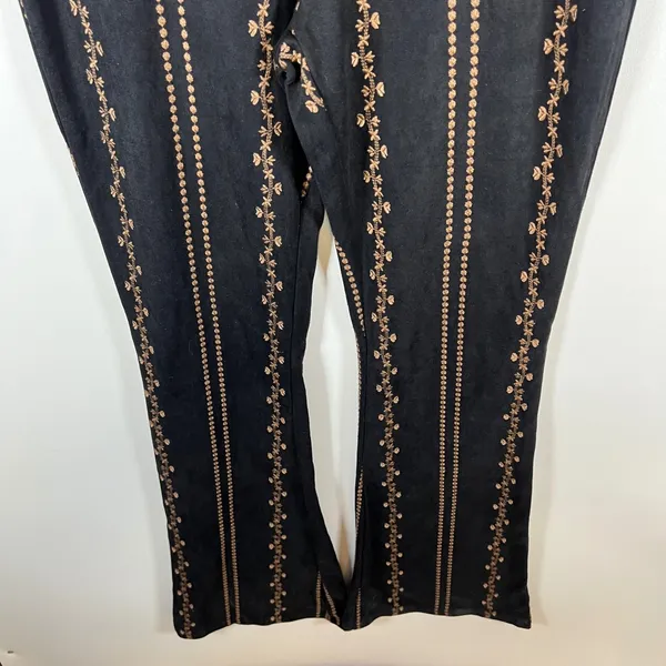 Honey Belle Womens Black Brown Floral Stripe Faux‎ Suede Flare Pants Size M Boho - Image 3