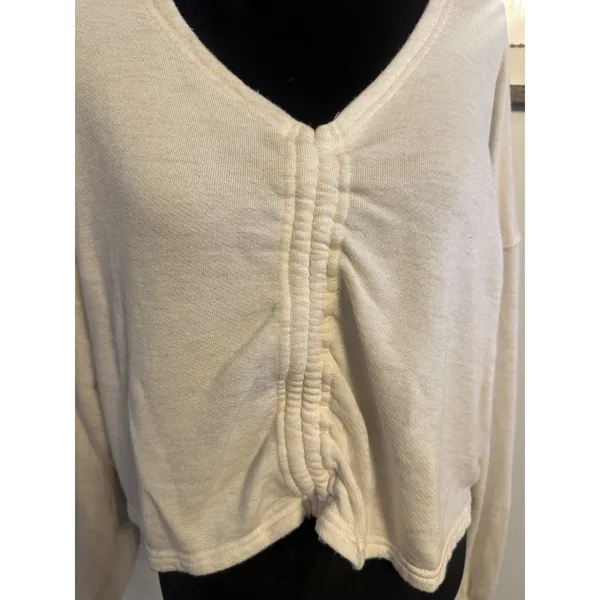 Offline By Aerie Sweatshirt Ruched Front Long Sleeve Vneck Thumbholes Beige XL - Image 3